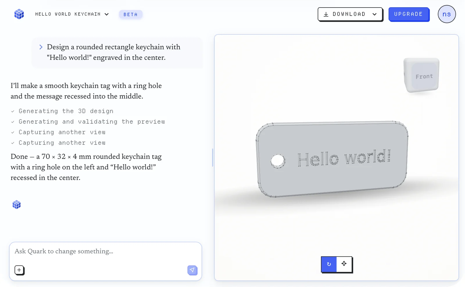 Quark generating a 3D keychain model from a text prompt